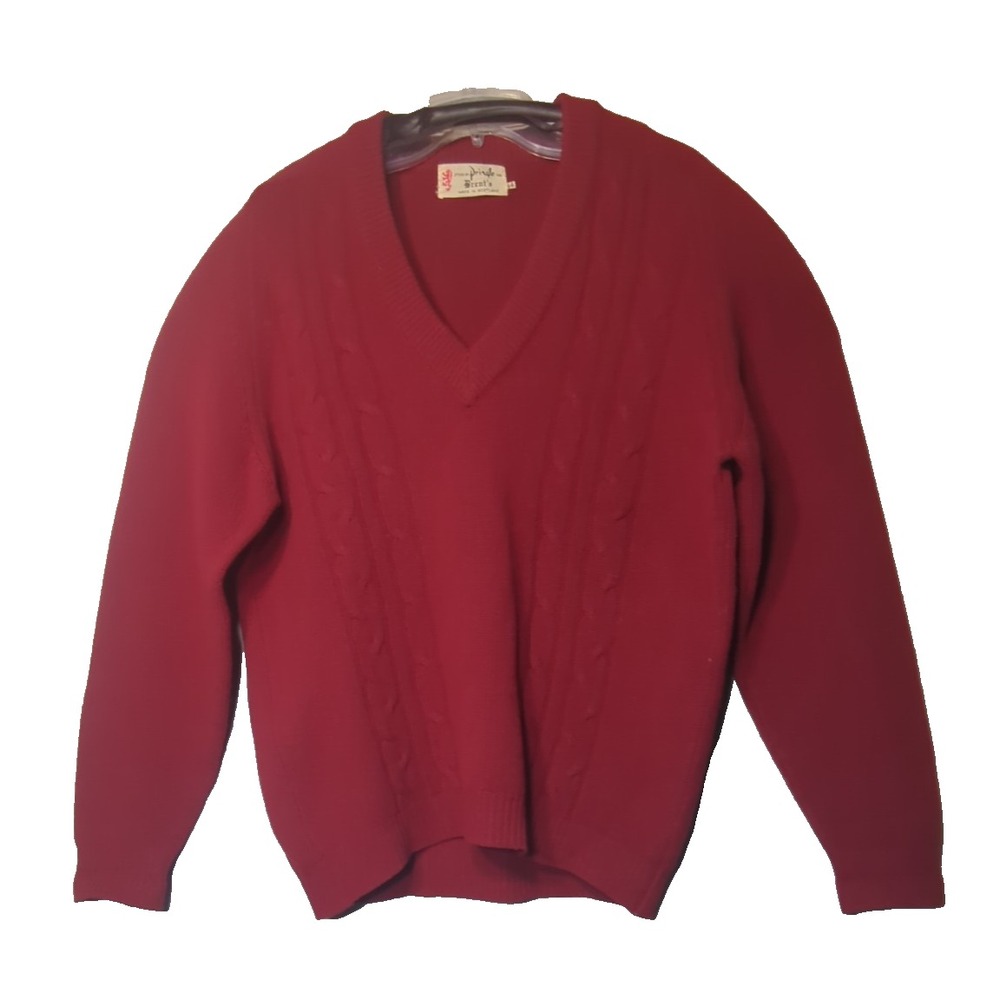 Vintage Pringle Scotland Mens 44 Burgundy Red Lambswool V Neck Sweater cable
